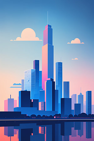 城市摩天大楼地标插画