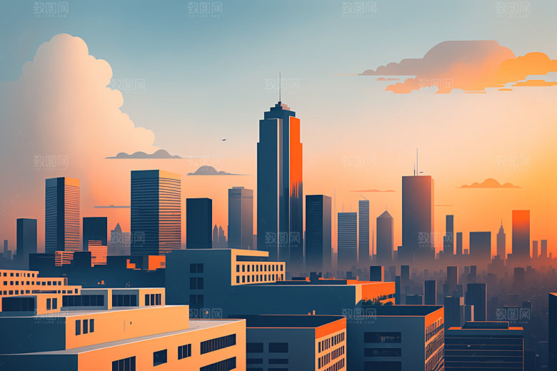 城市地标美式插画