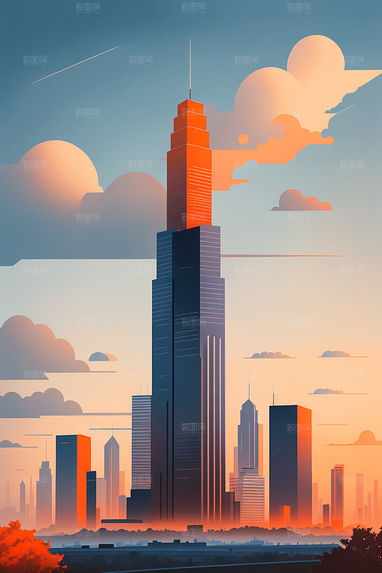 城市地标楼房插画