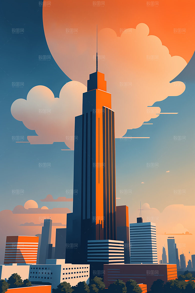 城市楼房扁平风插画