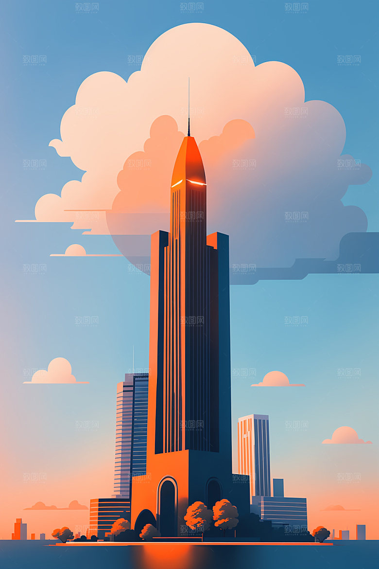 城市美式楼房插画