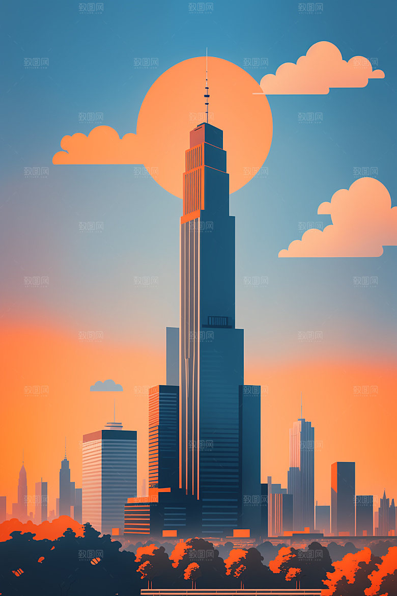 城市扁平风大厦插画