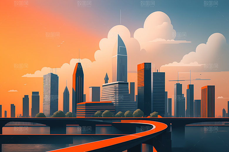 城市楼房美式插画