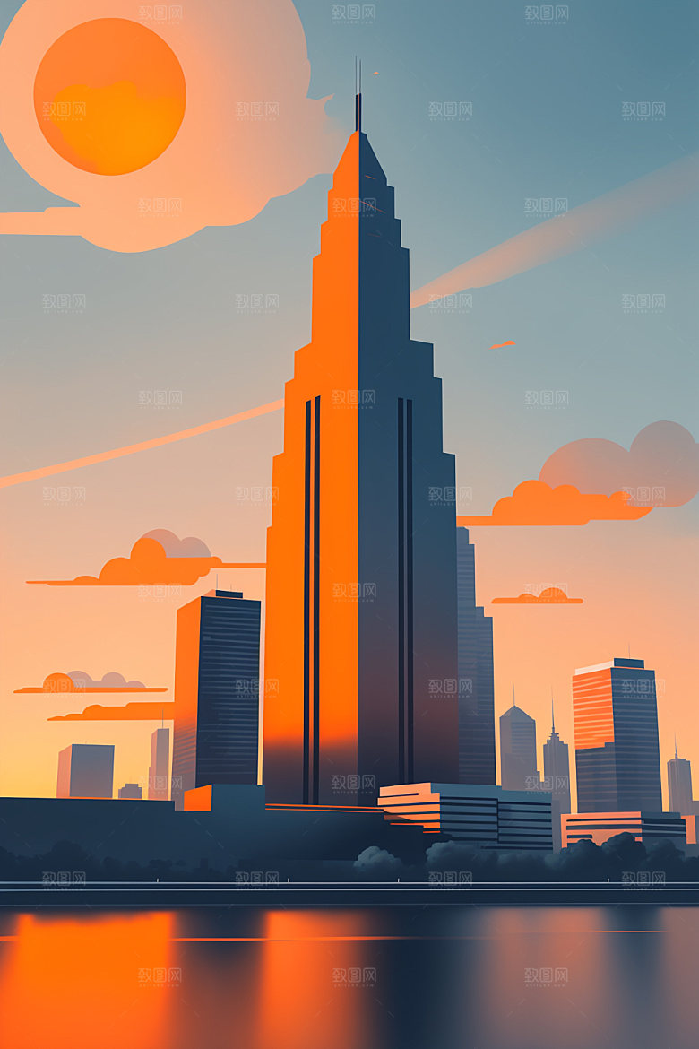 城市楼房美式插画