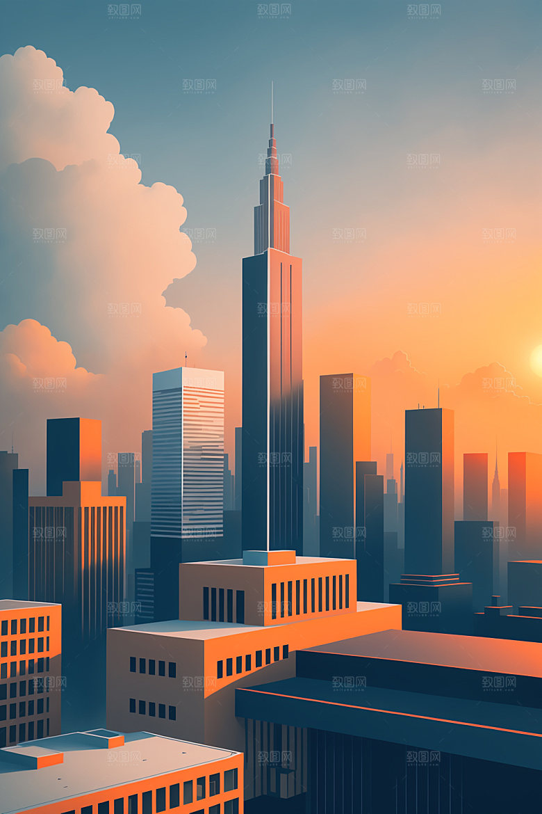 城市摩天大楼地标插画