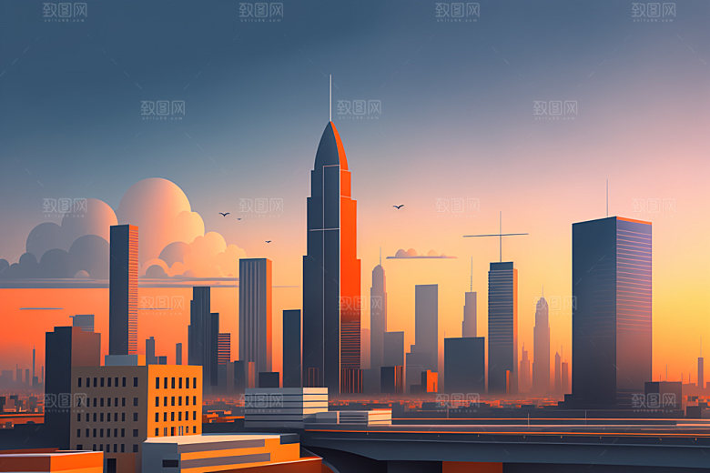 城市楼房美式插画