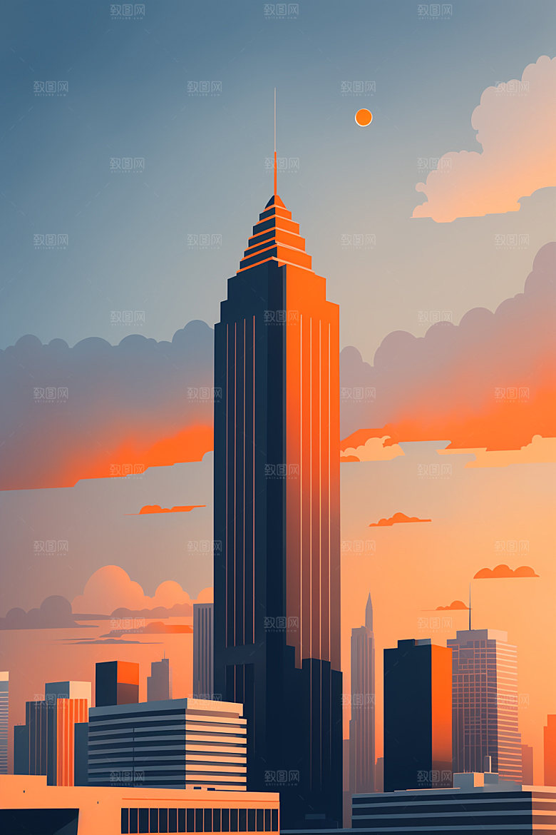 城市摩天大楼地标插画