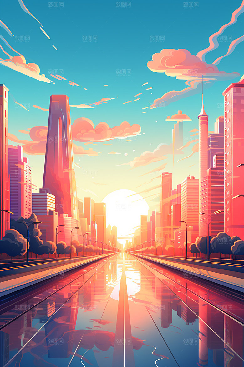 城市剪影都市倒影地标插画