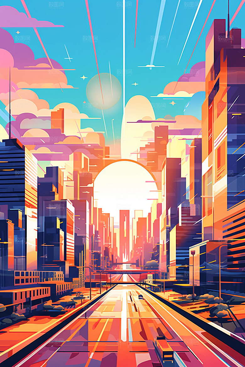 城市剪影建筑都市倒影插画