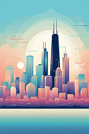 城市剪影高楼大厦艺术风格插画
