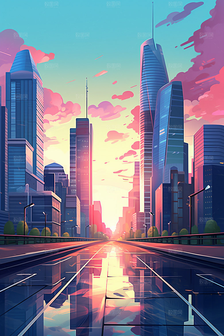 城市剪影高楼大厦手绘插画