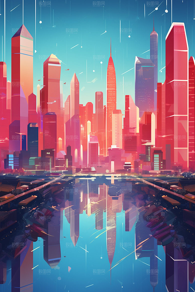 城市剪影高楼大厦艺术风格插画