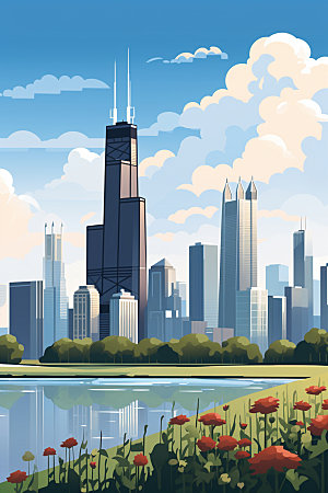 城市剪影地标高楼大厦插画
