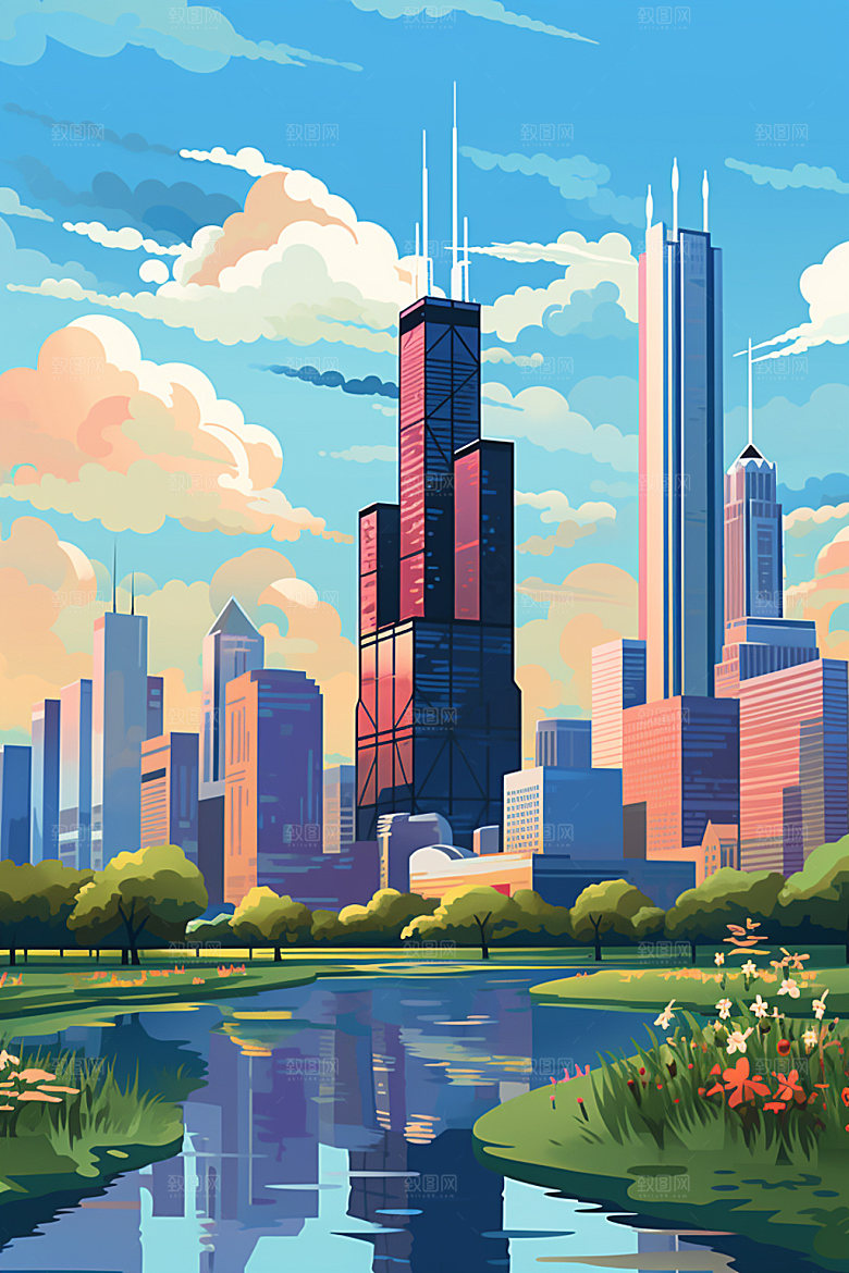 城市剪影艺术风格城市天际线插画