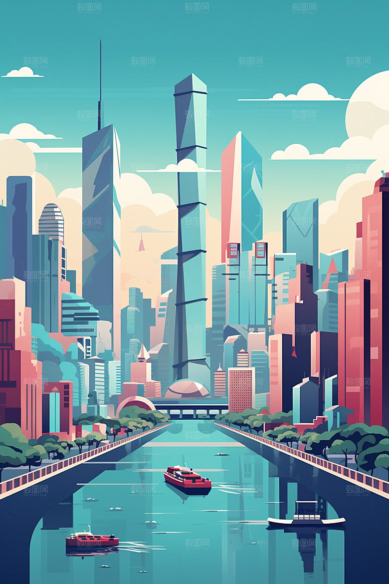 城市剪影手绘高楼大厦插画