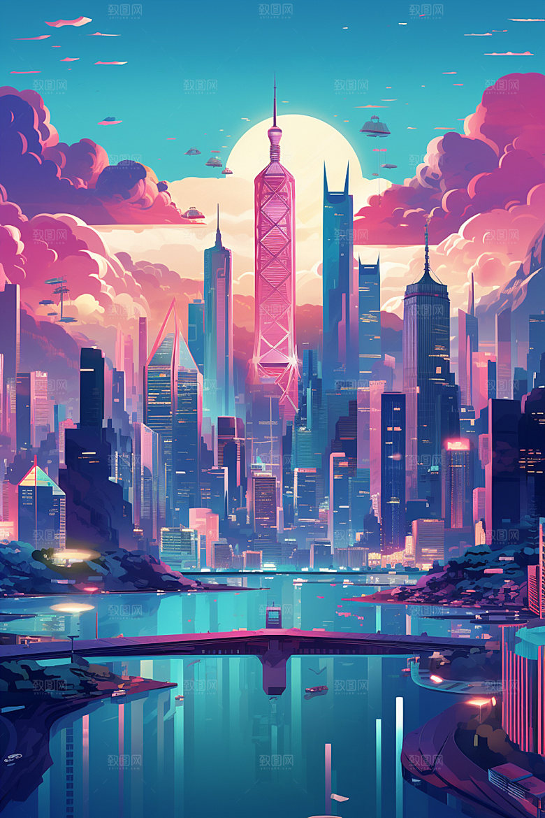 城市剪影都市倒影城市天际线插画