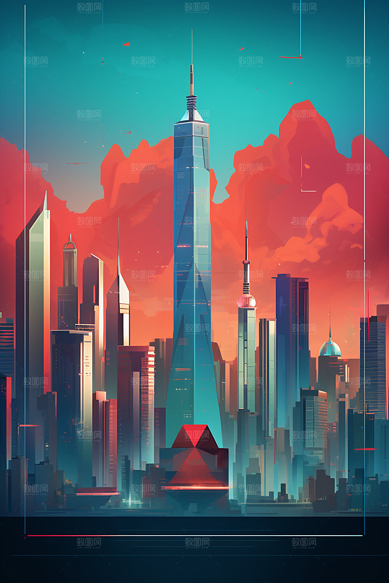 城市剪影艺术风格手绘插画