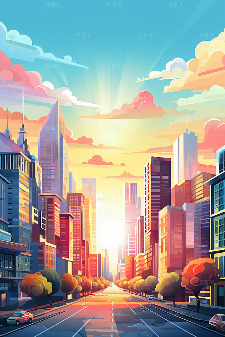 城市剪影都市倒影城市天际线插画
