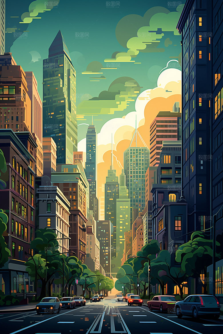 城市剪影建筑城市天际线插画