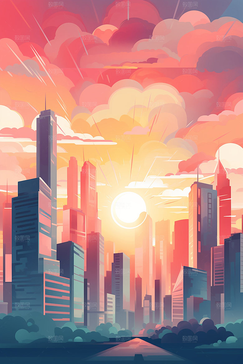 城市剪影都市倒影高楼大厦插画