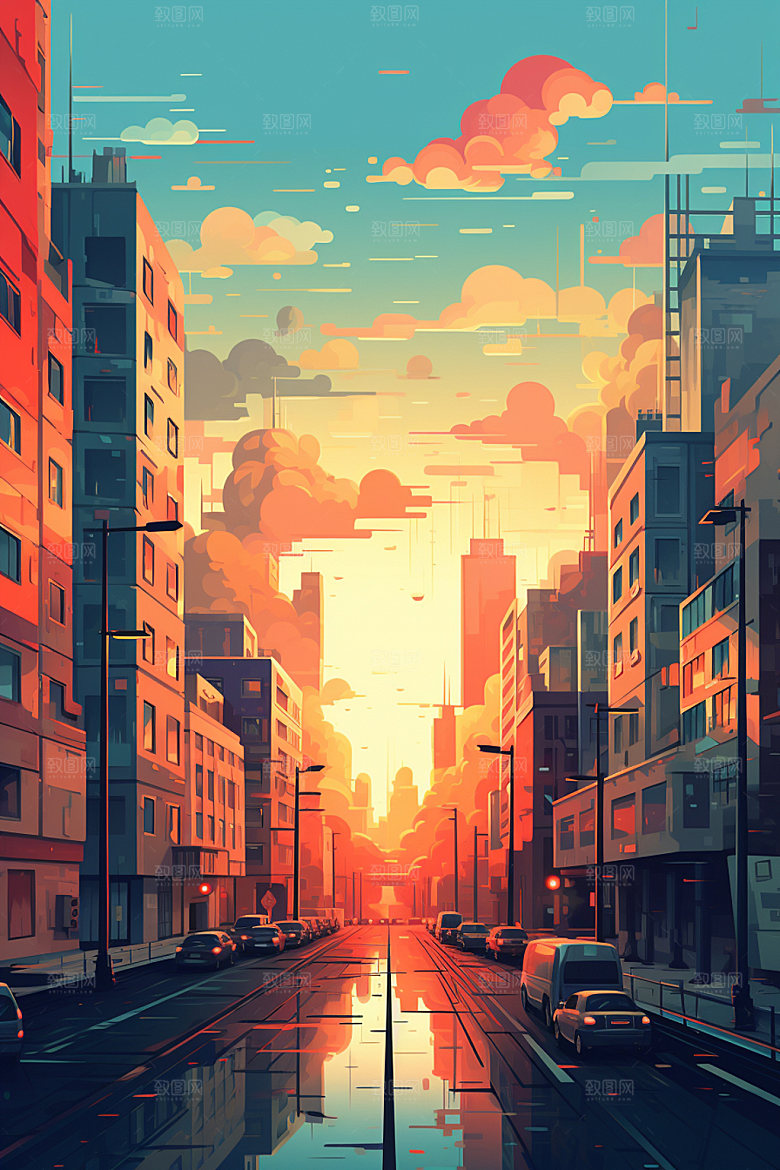 城市剪影手绘艺术风格插画