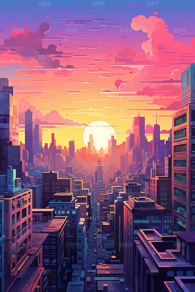 城市剪影高楼大厦手绘插画