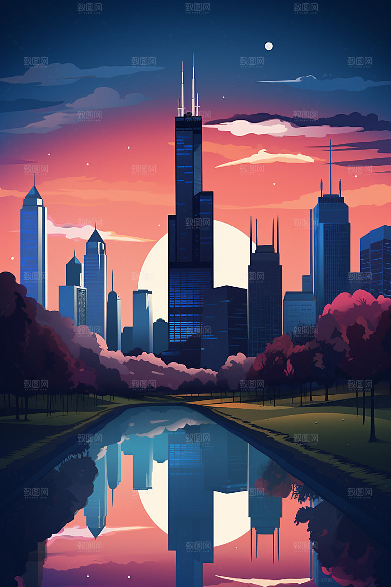 城市剪影高楼大厦城市天际线插画