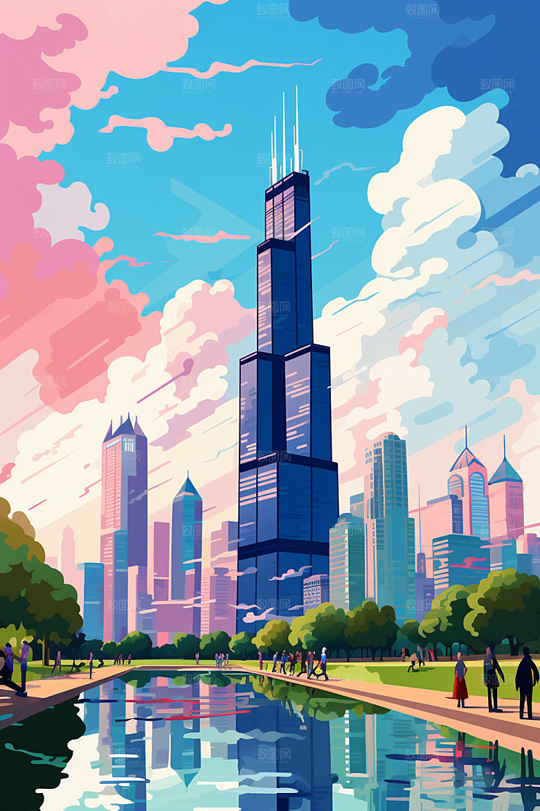 城市剪影都市倒影高楼大厦插画