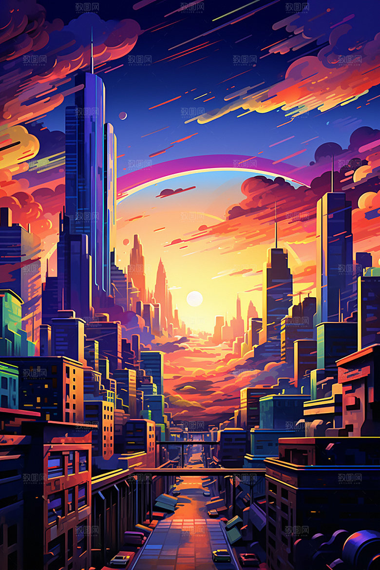 城市剪影城市天际线手绘插画