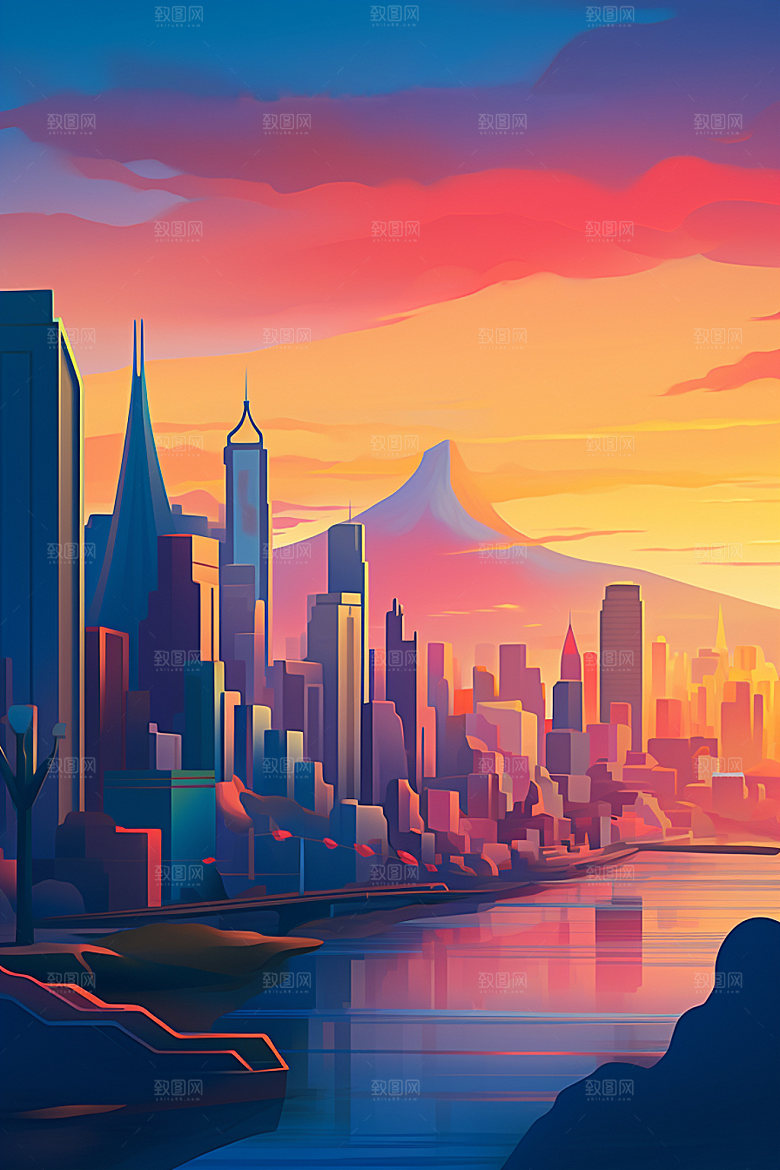 城市剪影地标艺术风格插画