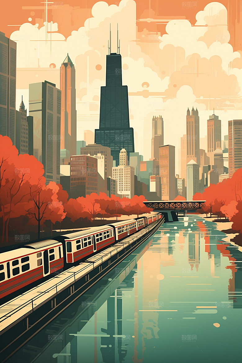 城市剪影城市天际线高楼大厦插画