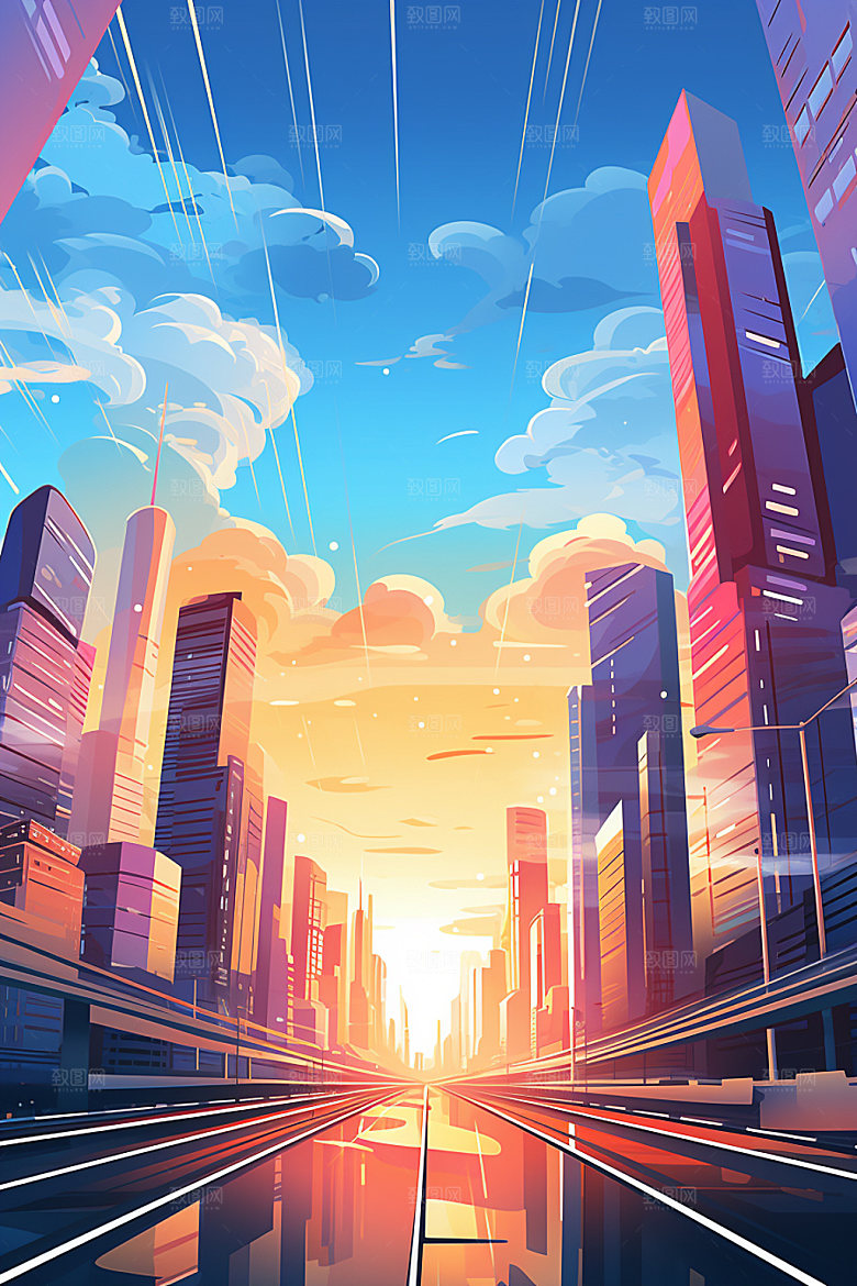 城市剪影都市倒影手绘插画