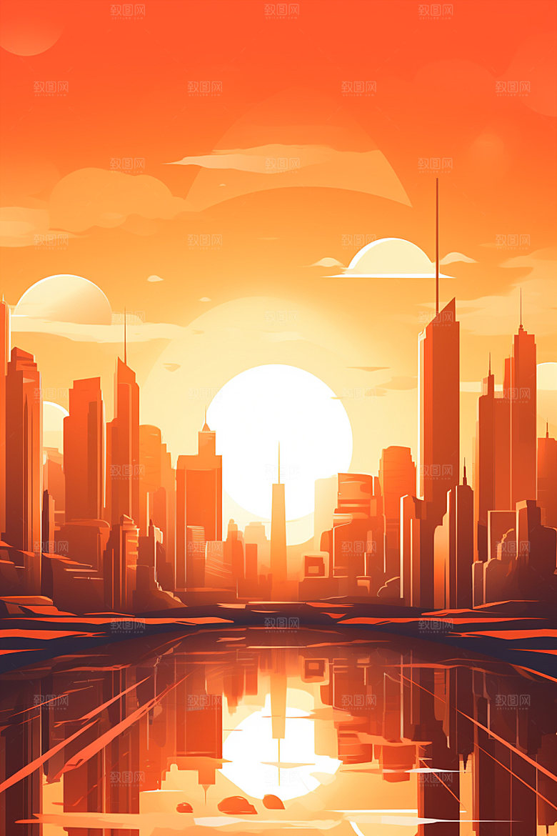 城市剪影手绘都市倒影插画