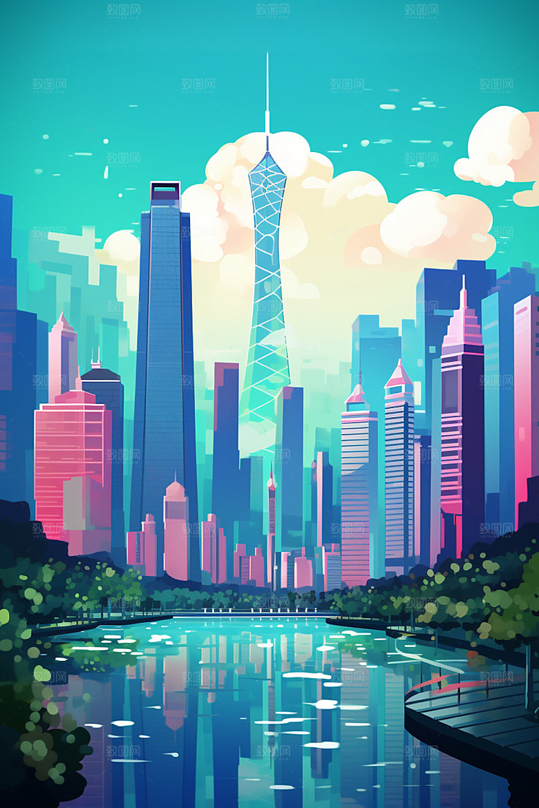 城市剪影建筑高楼大厦插画