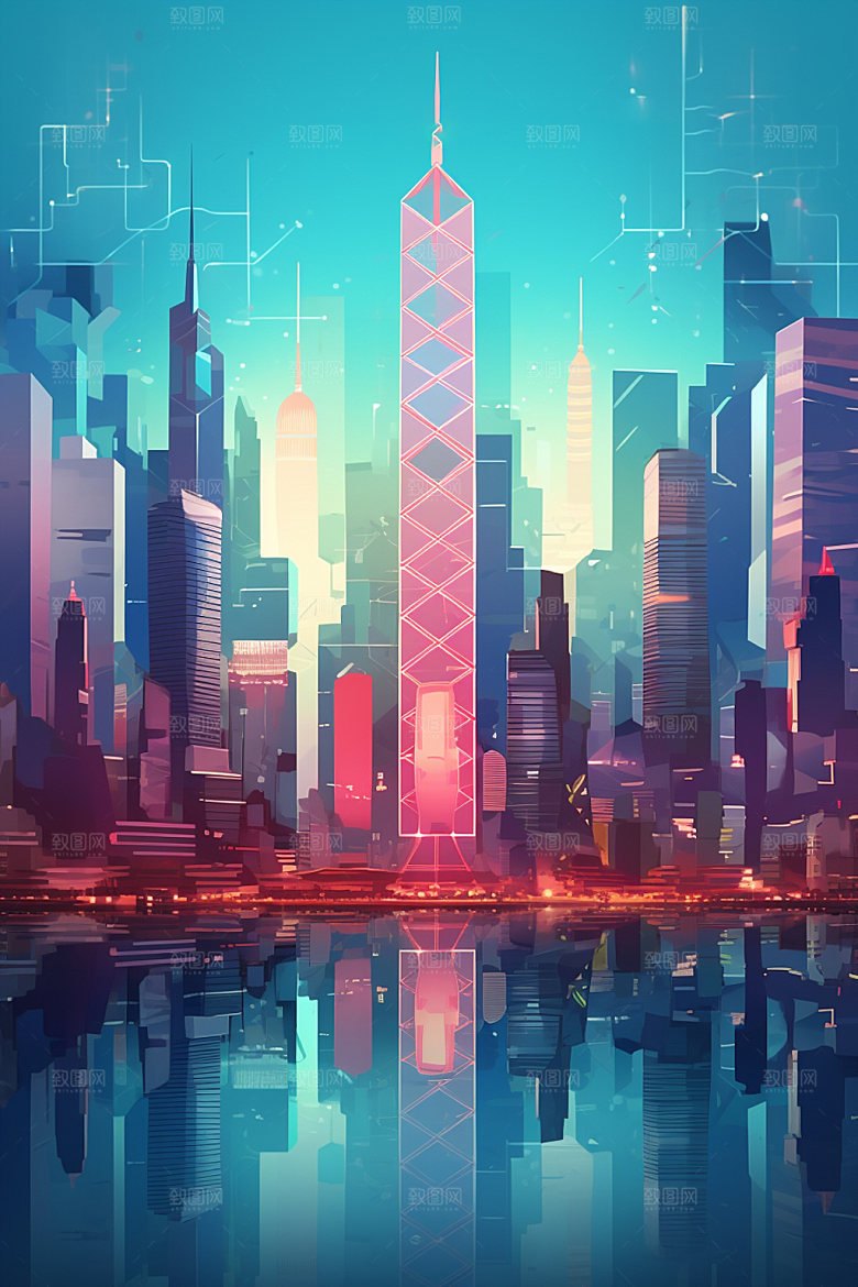 城市剪影都市倒影建筑插画