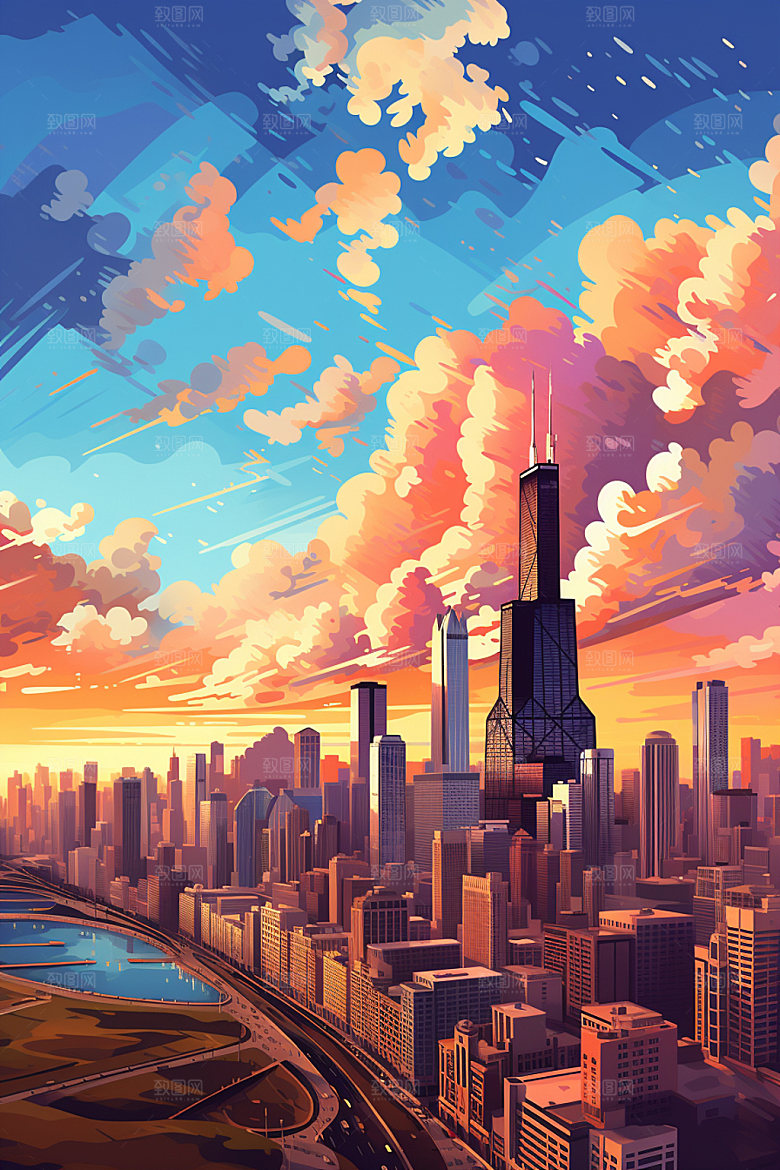 城市剪影地标都市倒影插画