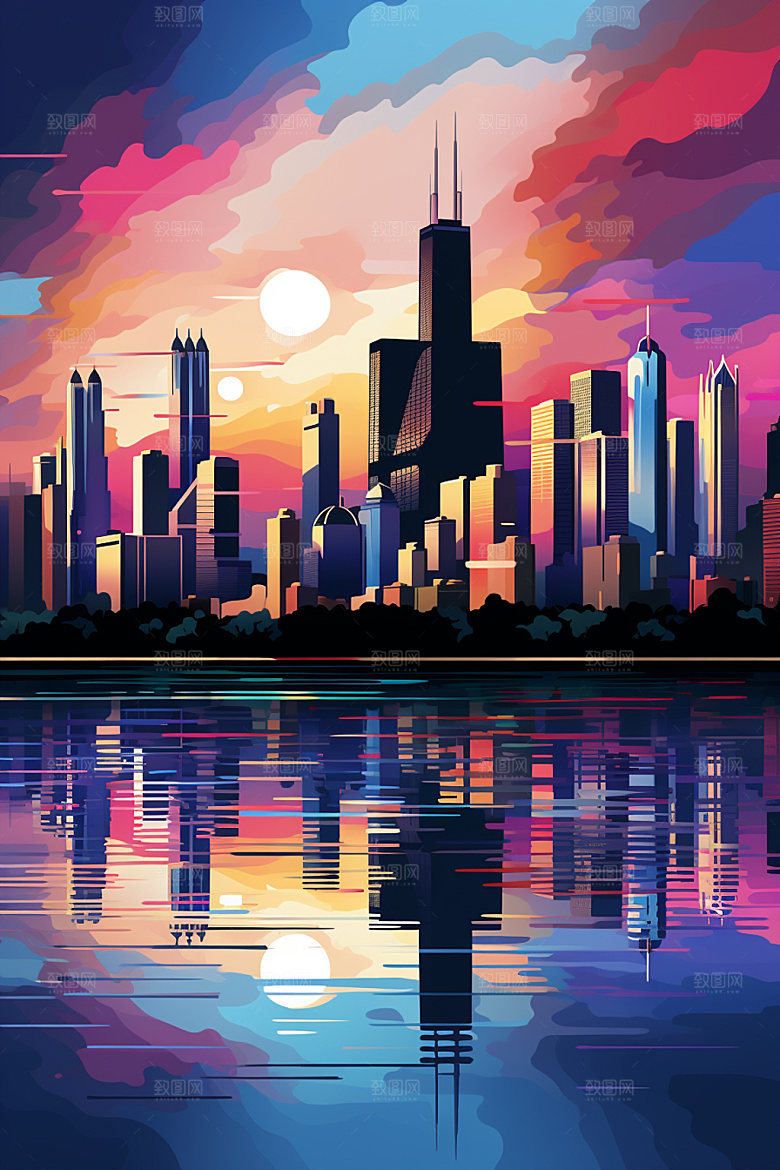 城市剪影高楼大厦地标插画