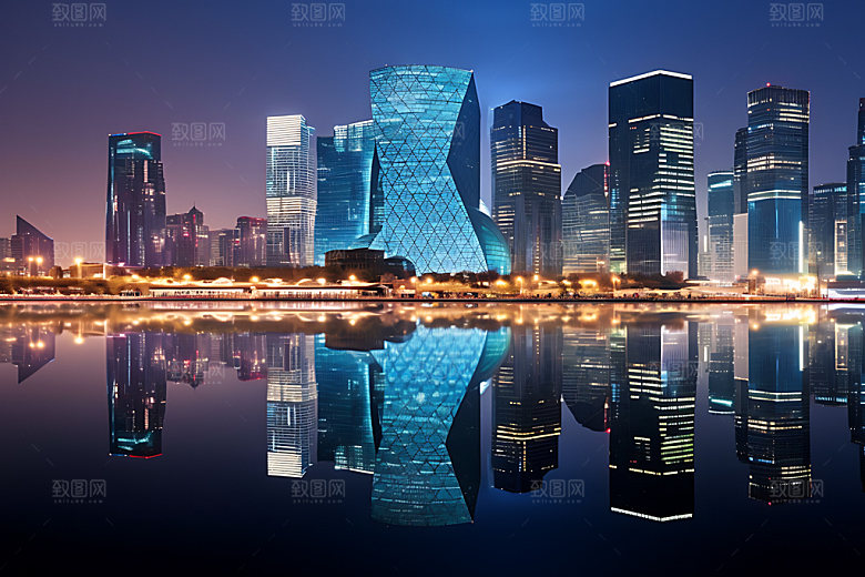 城市水面倒影风光地标素材