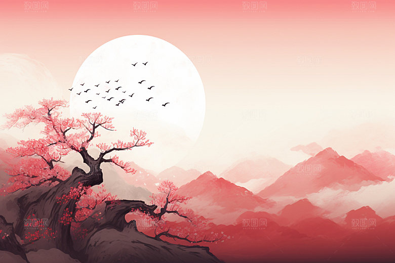 国画山水重阳节手绘背景图