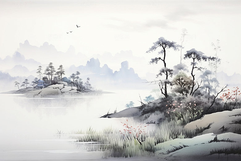 国画山水风光水墨背景图