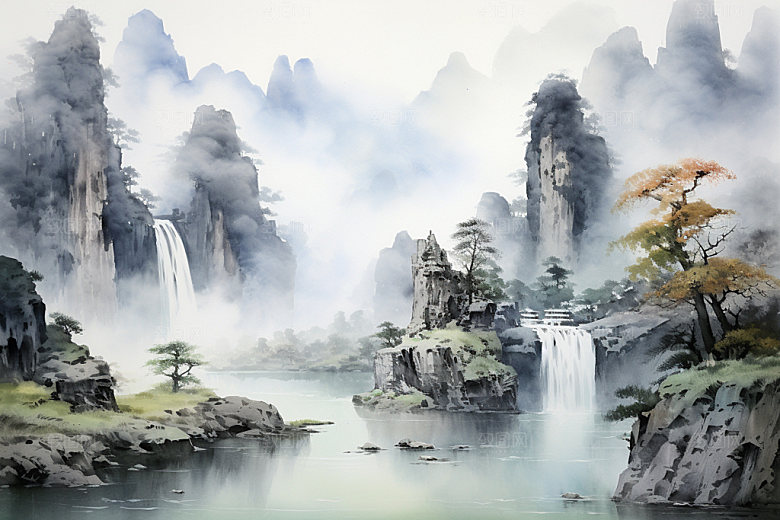 国画山水宣纸手绘背景图