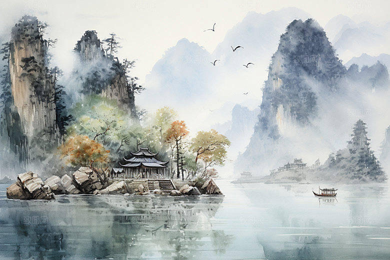 国画山水风光中式背景图