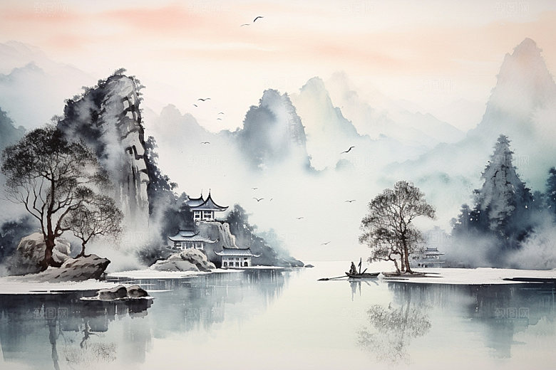 国画山水手绘重阳节背景图