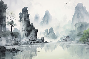 国画山水重阳节中国风背景图