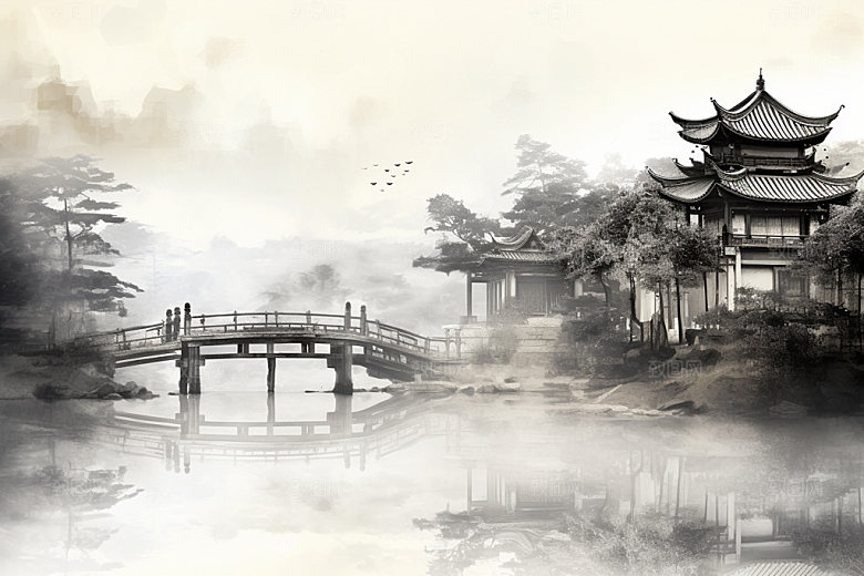 国画山水风光传统文化背景图