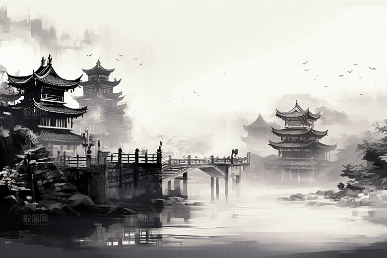国画山水景物水墨背景图