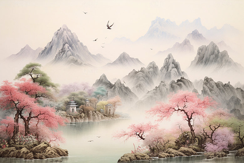 国画山水中式传统文化背景图