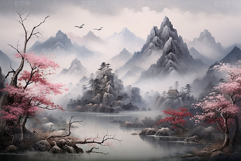 国画山水景物传统文化背景图