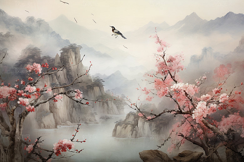 国画山水宣纸景物背景图