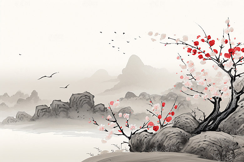 国画山水景物传统文化背景图